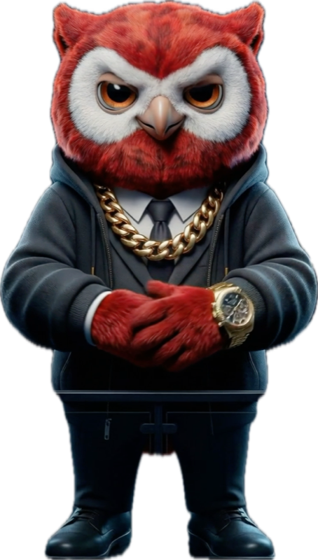Social Champ's angry owl mascot in a suit